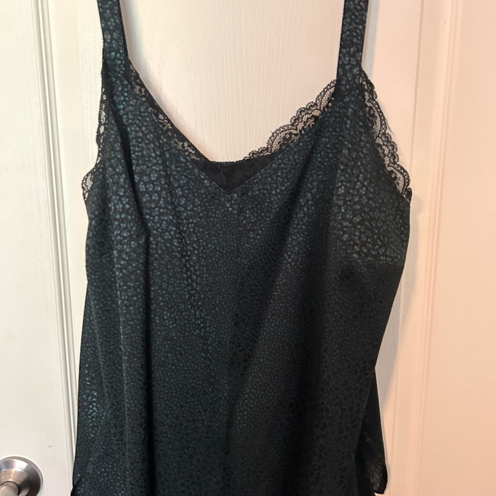 Lane Bryant Black and Teal Satin Slip Tank with Lace Trim
